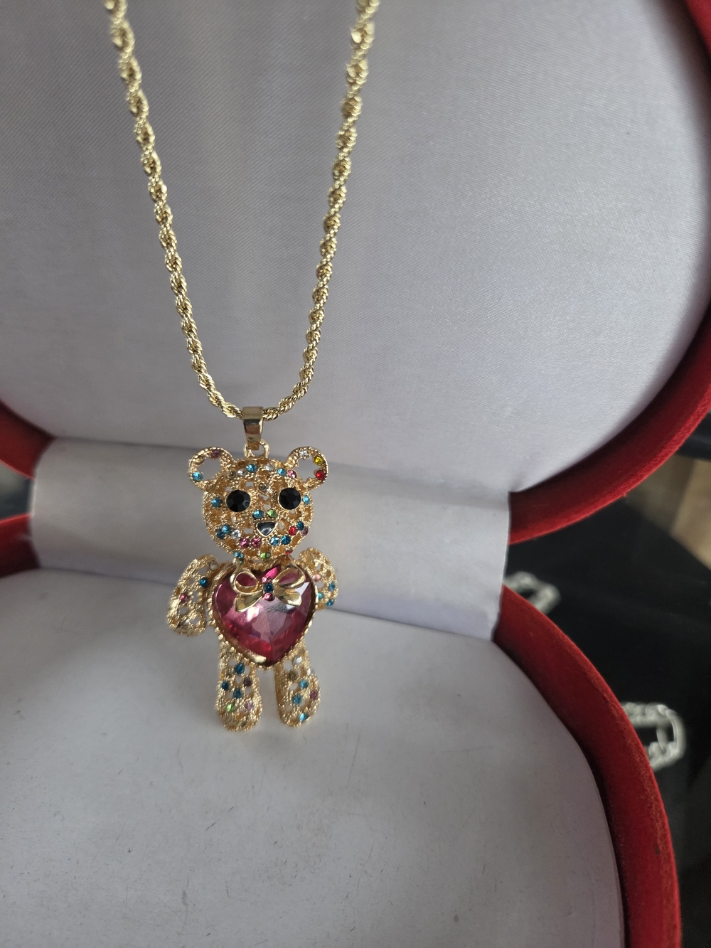 Gold-Tone Teddy Bear Pendant Necklace with Pink Heart